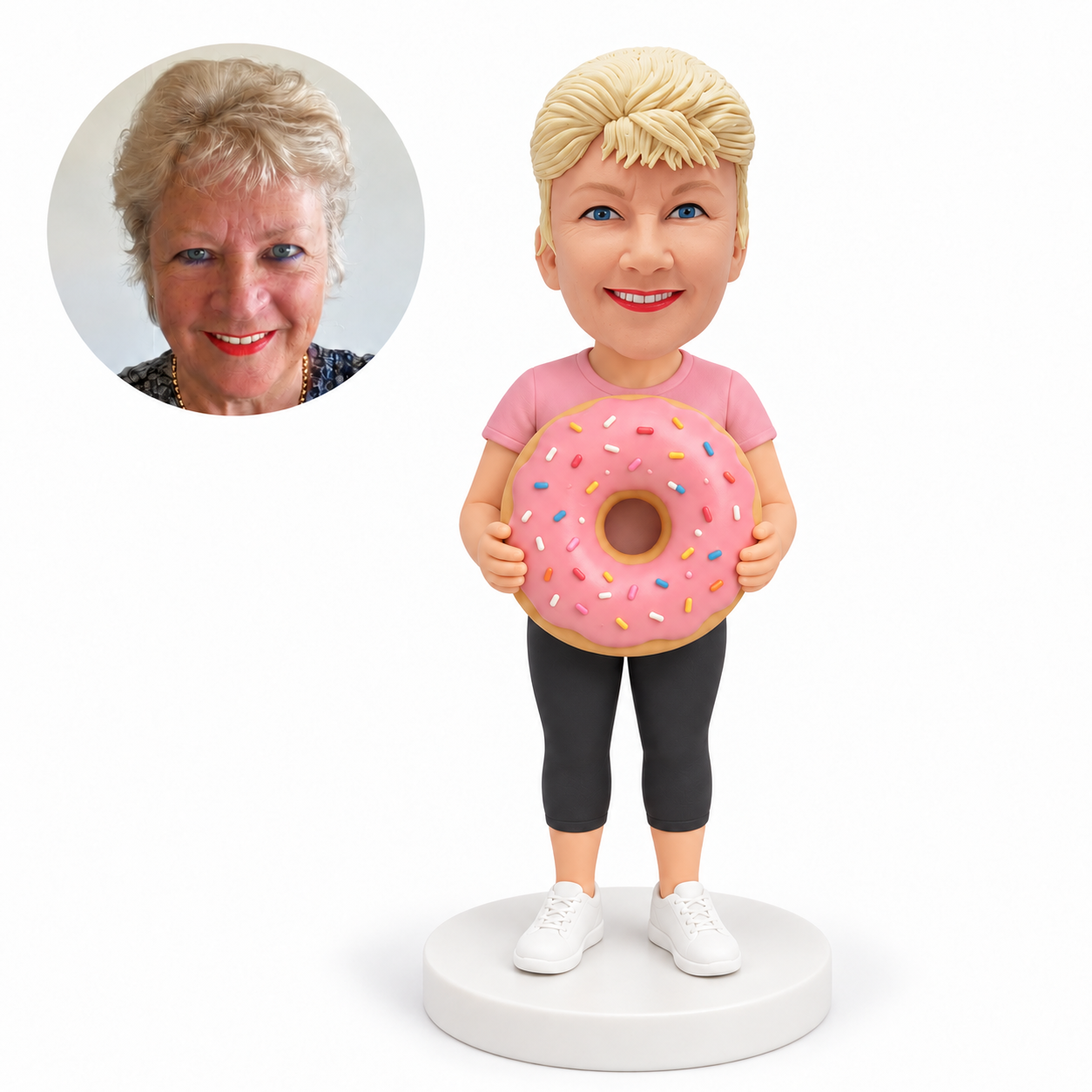 custom bobblehead figure woman holding a large doughnut