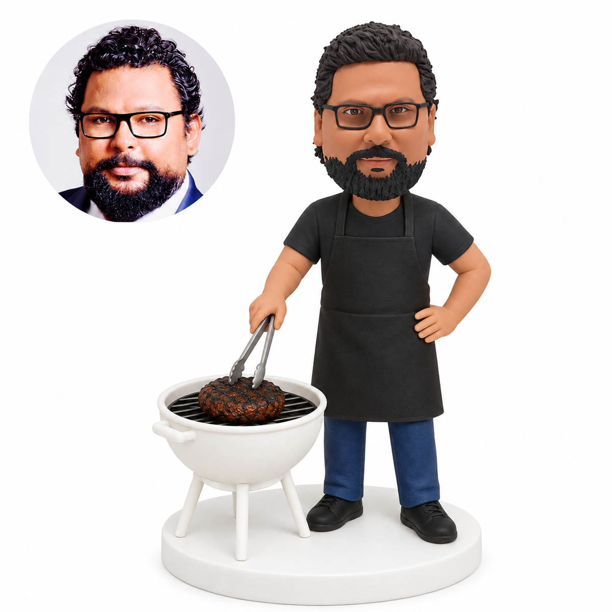 custom bobblehead figure man barbecuing at a kettle grill