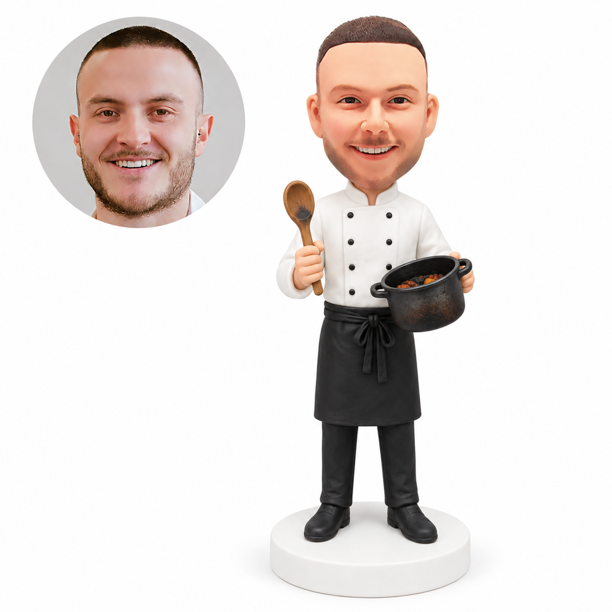 custom bobblehead figure chef holding a spoon and cooking pot