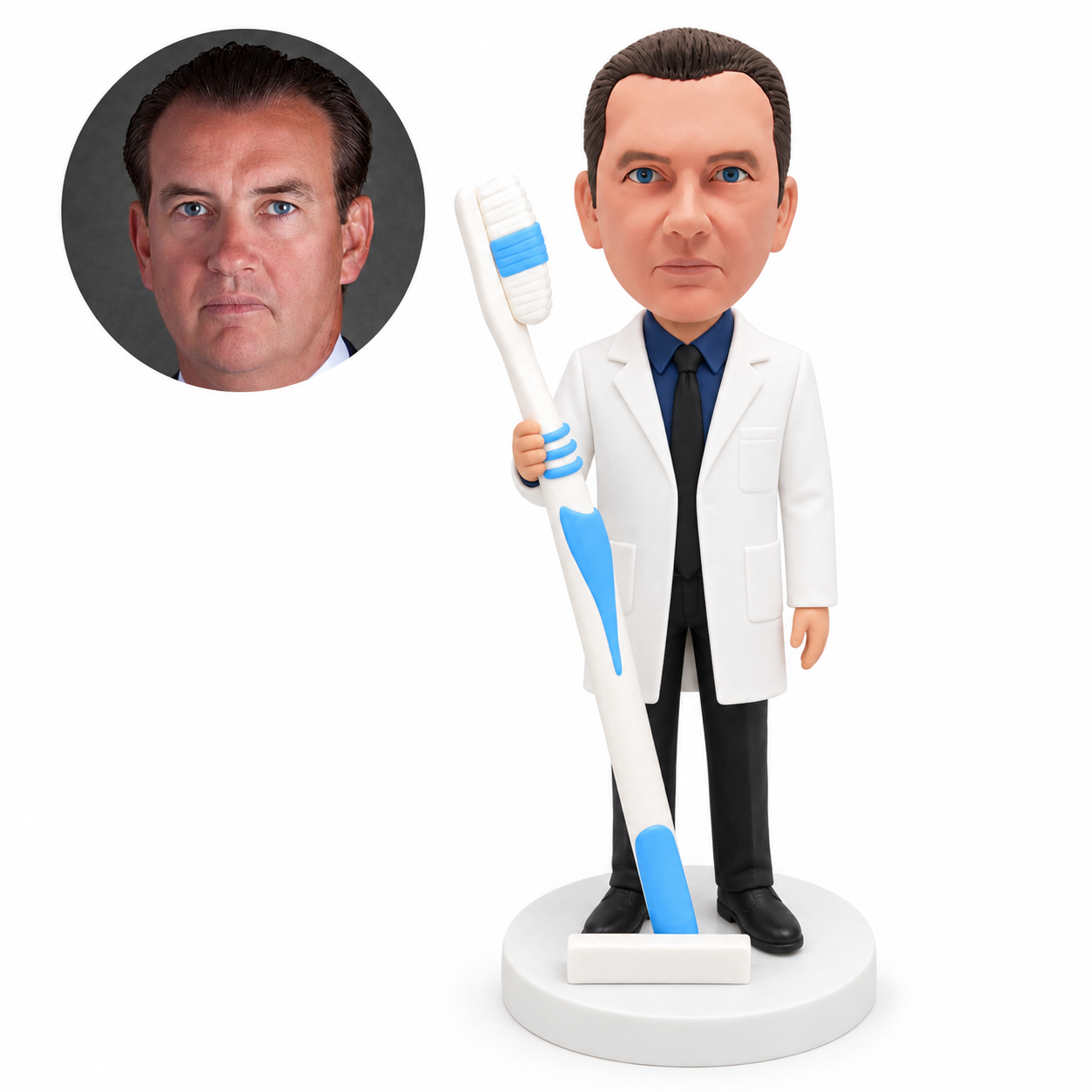 custom bobblehead figure male dentist in a lab coat holding a giant toothbrush