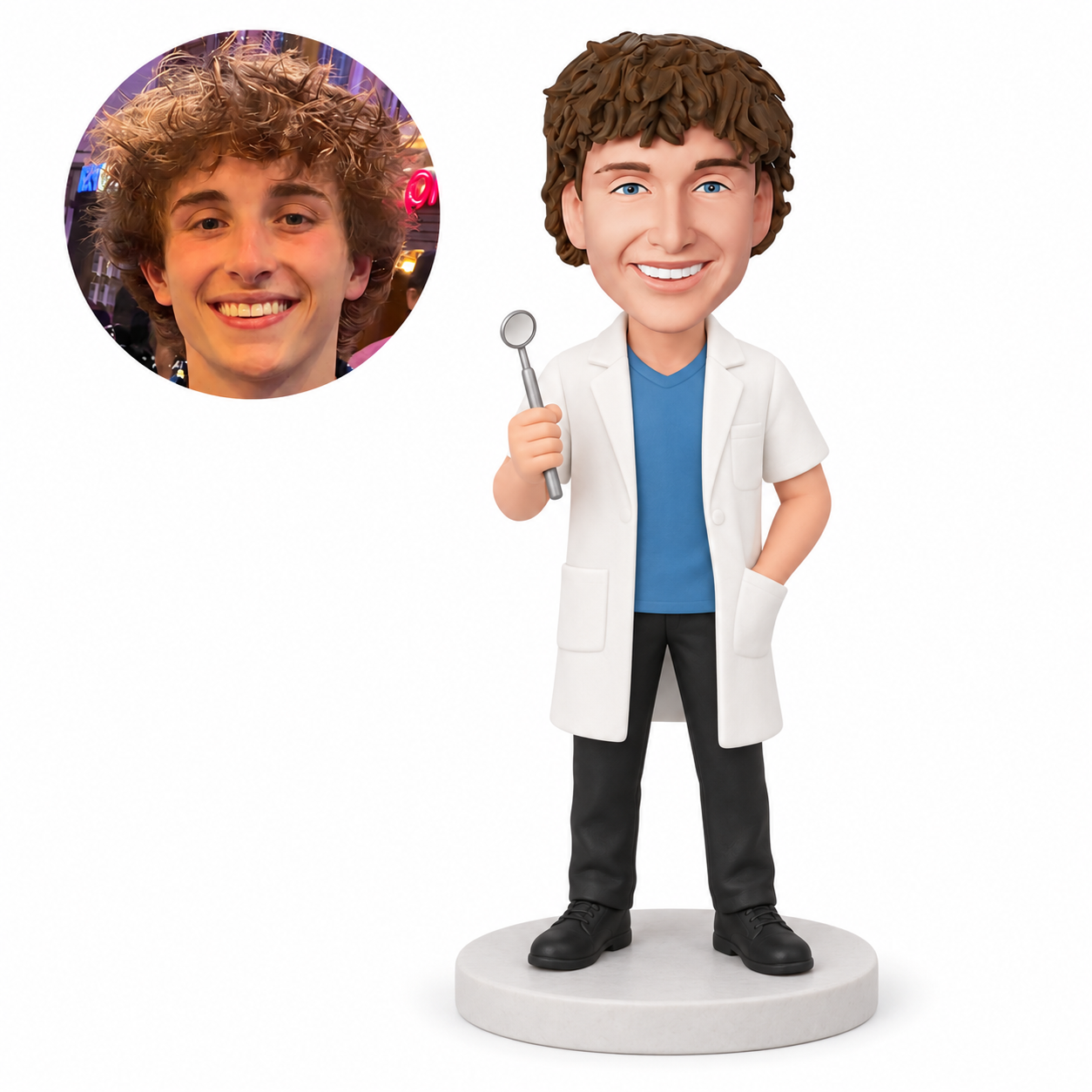 custom bobblehead figure male dentist in a short sleeve coat holding a dental mirror