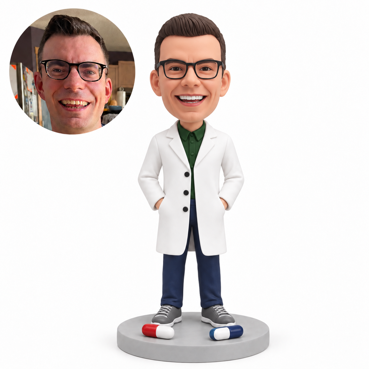 custom bobblehead figure male doctor beside two capsule models