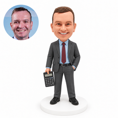 custom bobblehead figure male accountant holding a calculator at his side