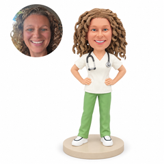 custom bobblehead figure female nurse in scrubs with both hands on hips