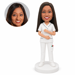 custom bobblehead figure female nurse with hands resting at her waist