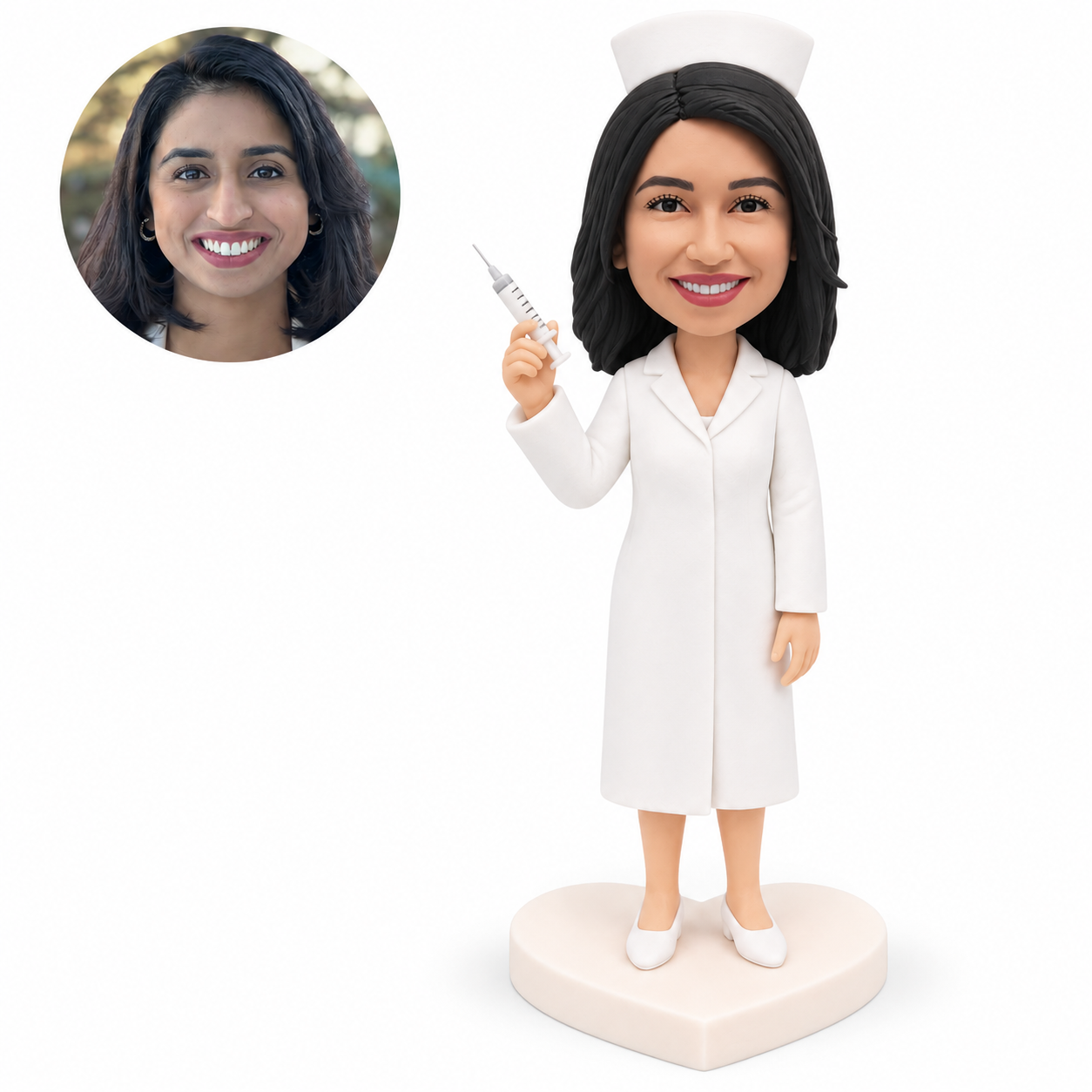 custom bobblehead figure female nurse in a long coat holding a syringe