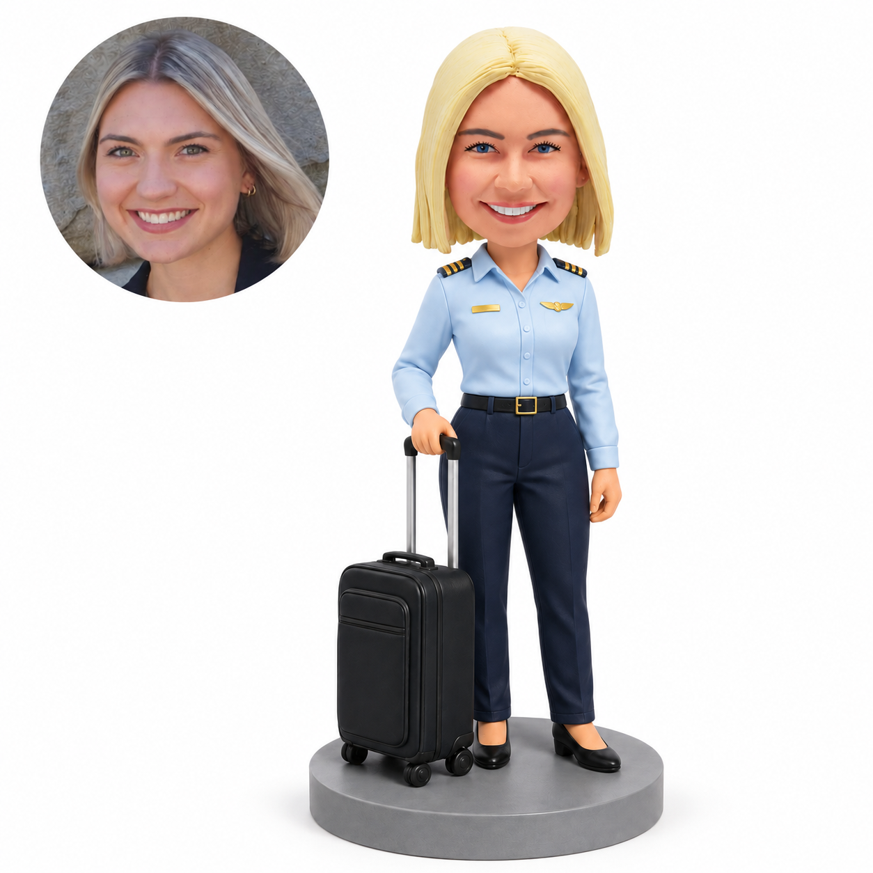 custom bobblehead figure female airline pilot with a rolling suitcase