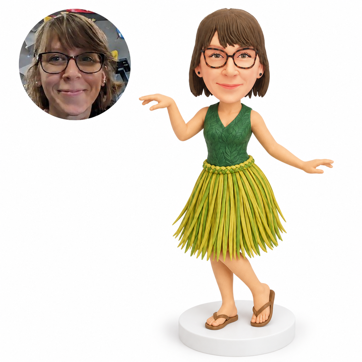 custom bobblehead figure female hula dancer in a sleeveless top and grass skirt