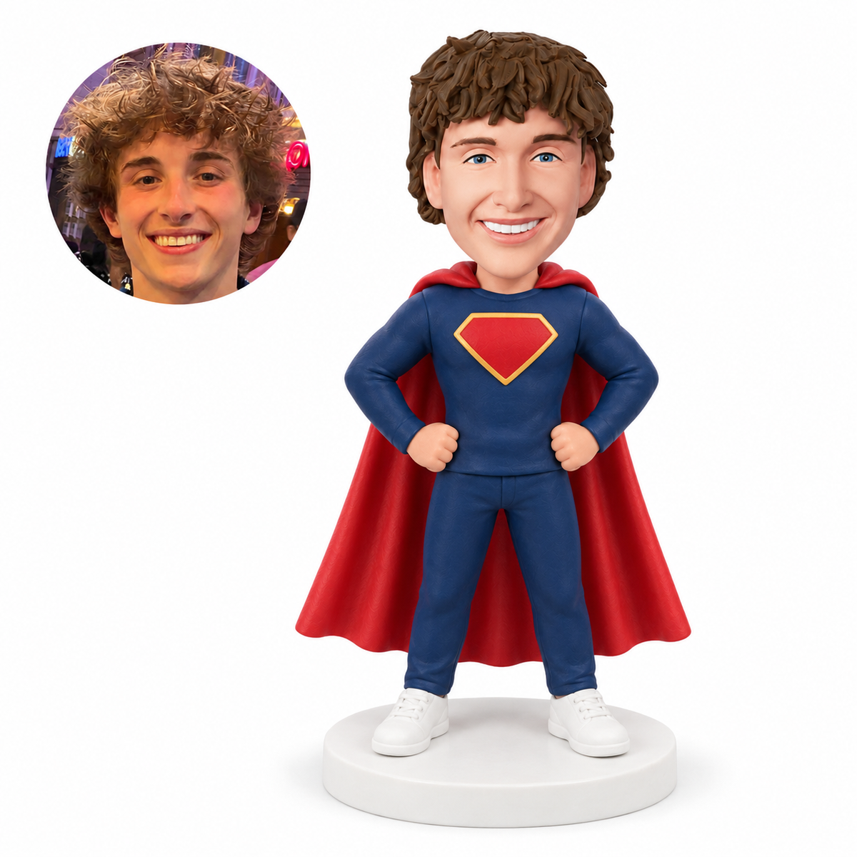 custom bobblehead figure man in a fitted hero suit with a cape and hands on hips