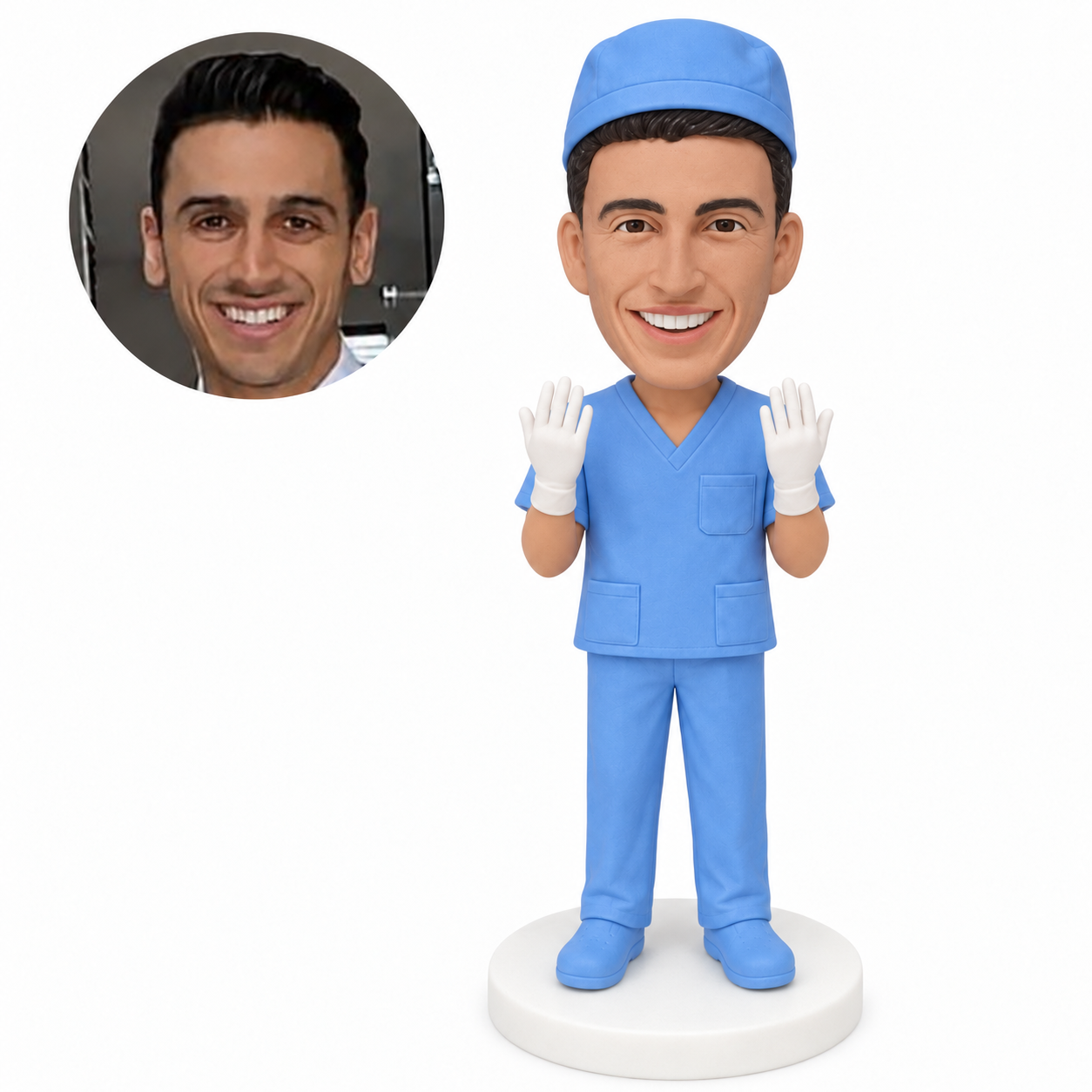 custom bobblehead figure male surgeon with both gloved hands raised