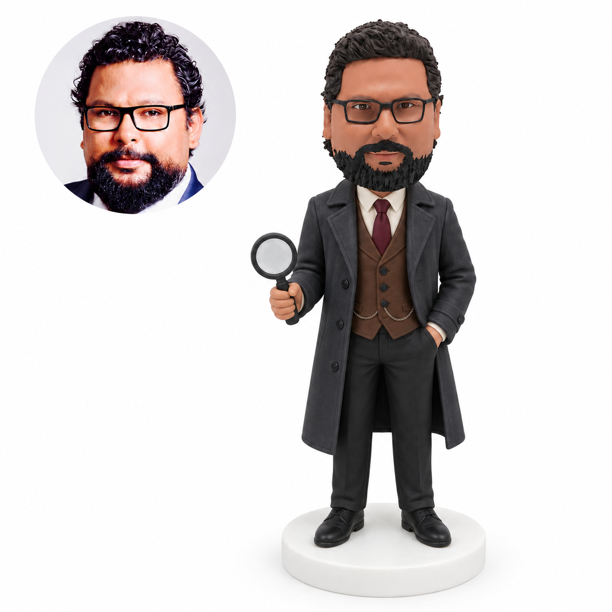 custom bobblehead figure male detective in a long coat holding a magnifying glass