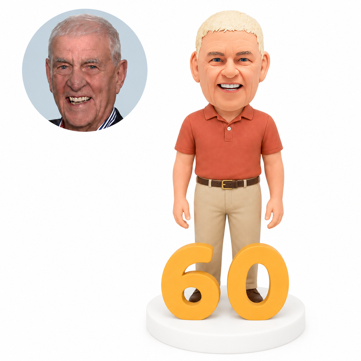 custom bobblehead figure man celebrating a birthday beside a golden number 60