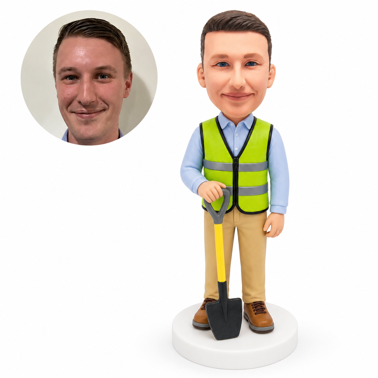 custom bobblehead figure construction worker holding a shovel in a safety vest