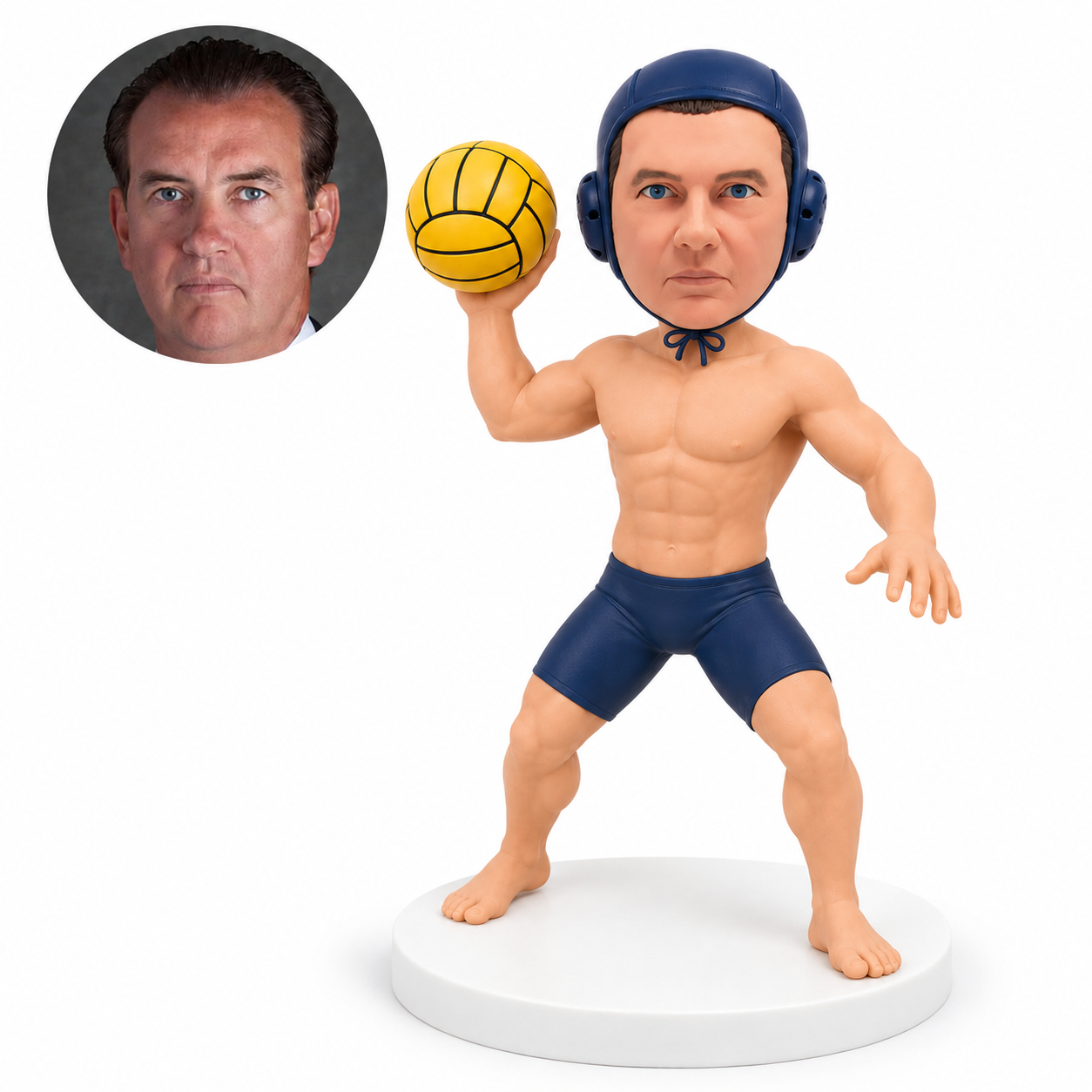 custom bobblehead figure male water polo player holding a ball in a wide stance