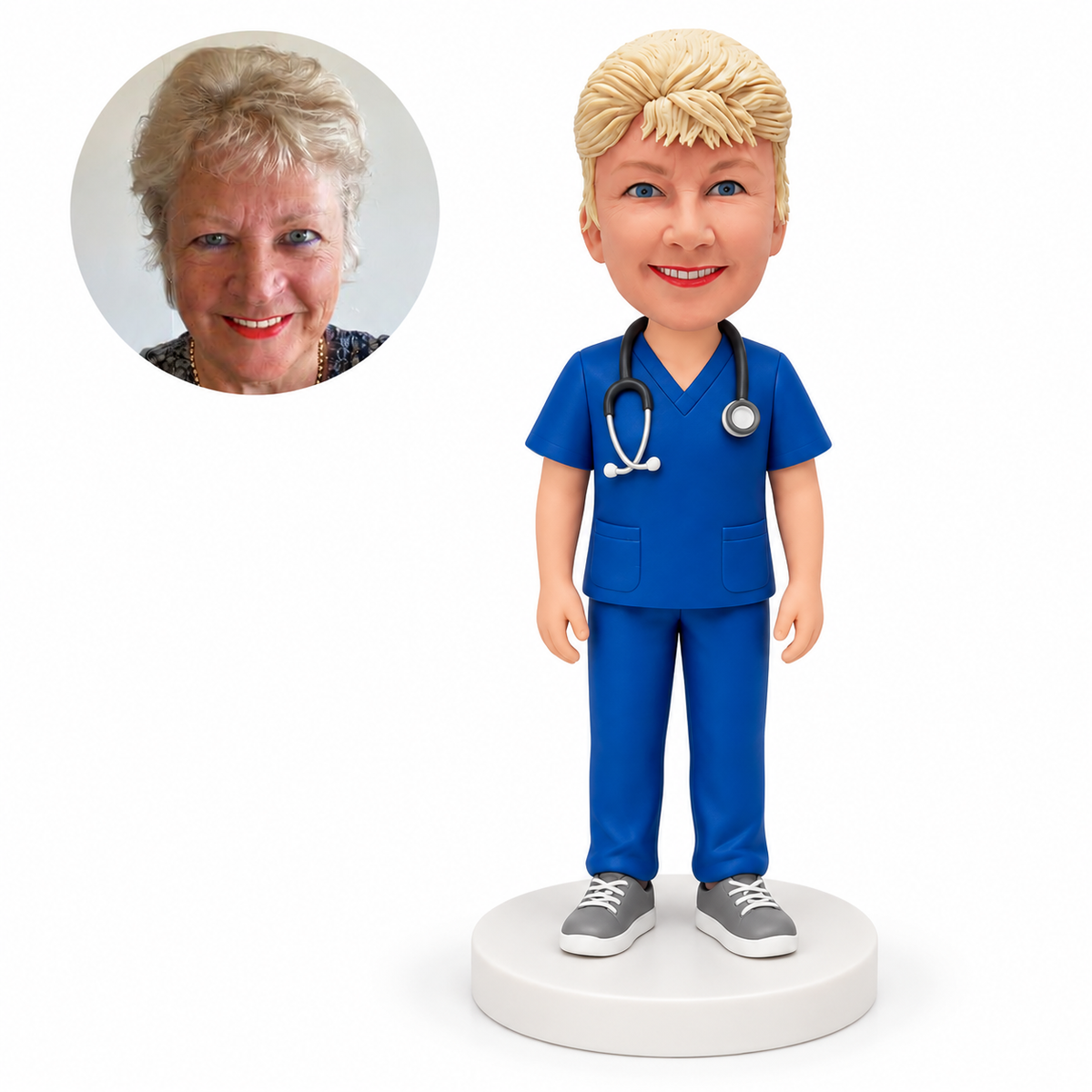 custom bobblehead figure female operating room doctor in scrubs with a stethoscope