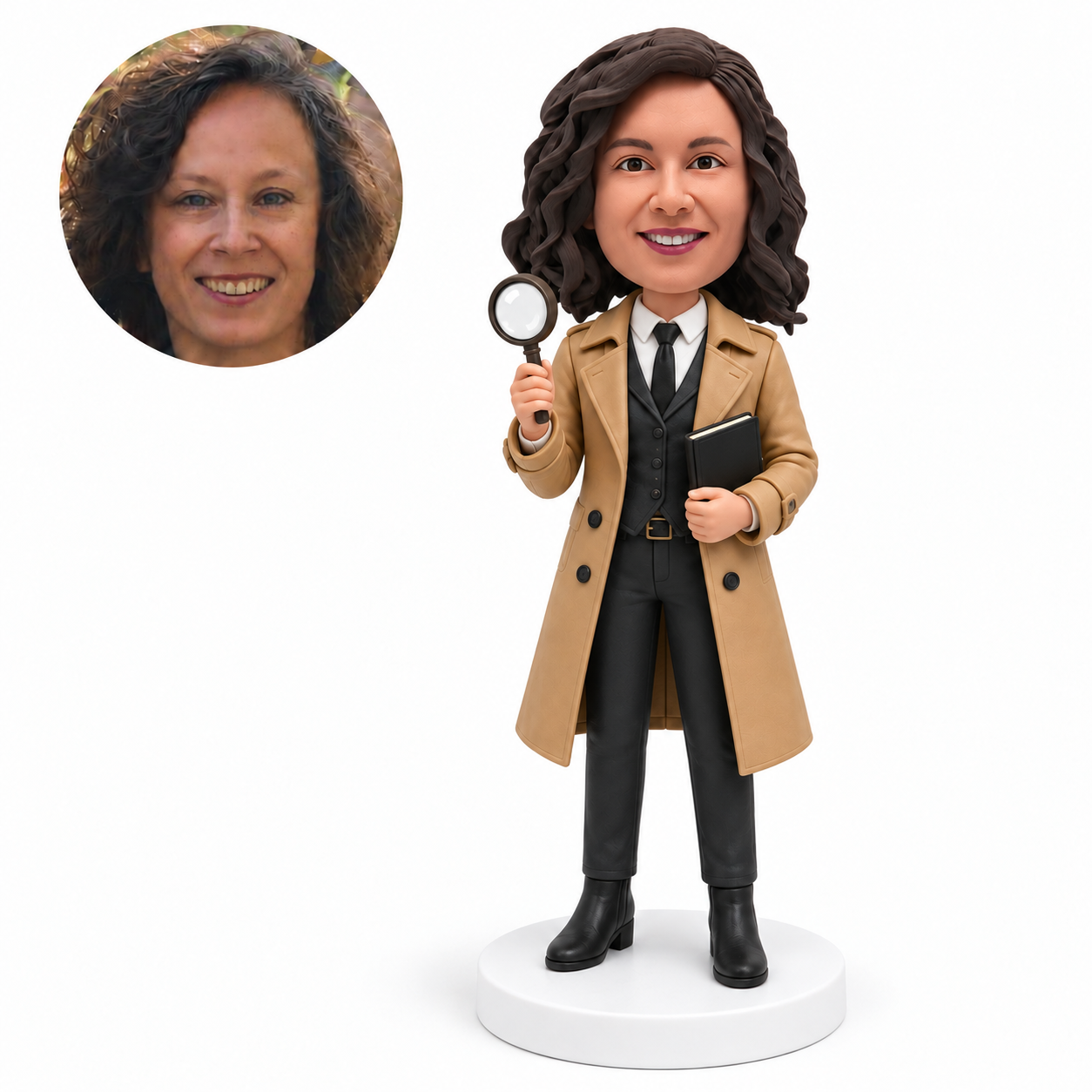 custom bobblehead figure female detective holding a magnifying glass and notebook