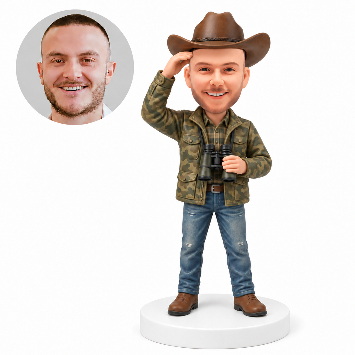 custom bobblehead figure cowboy tipping his hat and holding binoculars