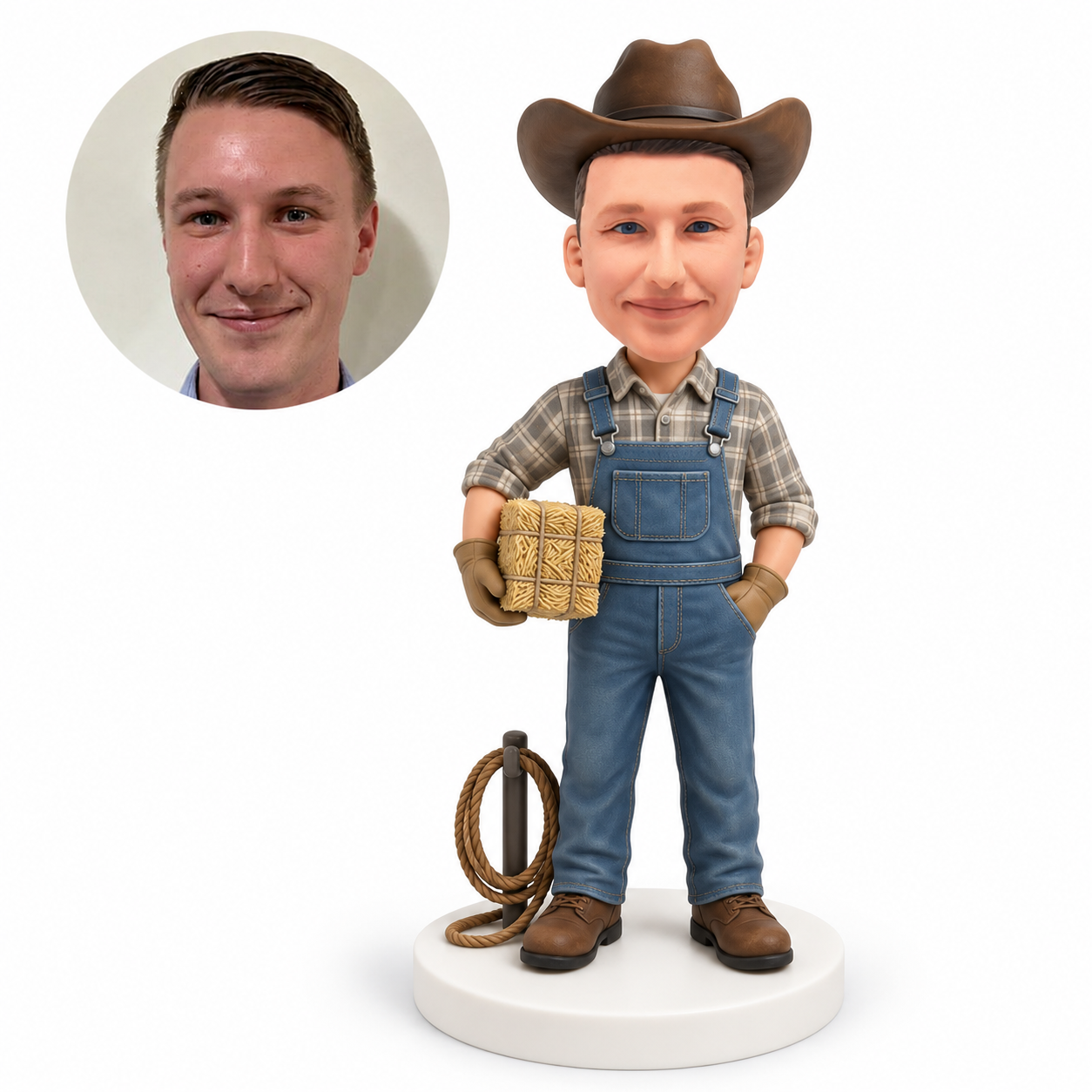 custom bobblehead figure farmer in overalls holding a hay bale