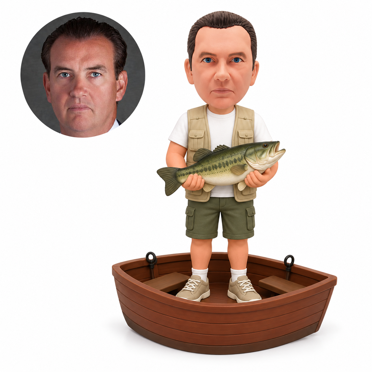 custom bobblehead figure fisherman holding a large fish in a wooden rowboat