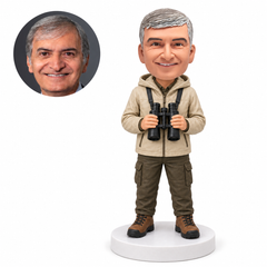custom bobblehead figure outdoor man holding binoculars with both hands