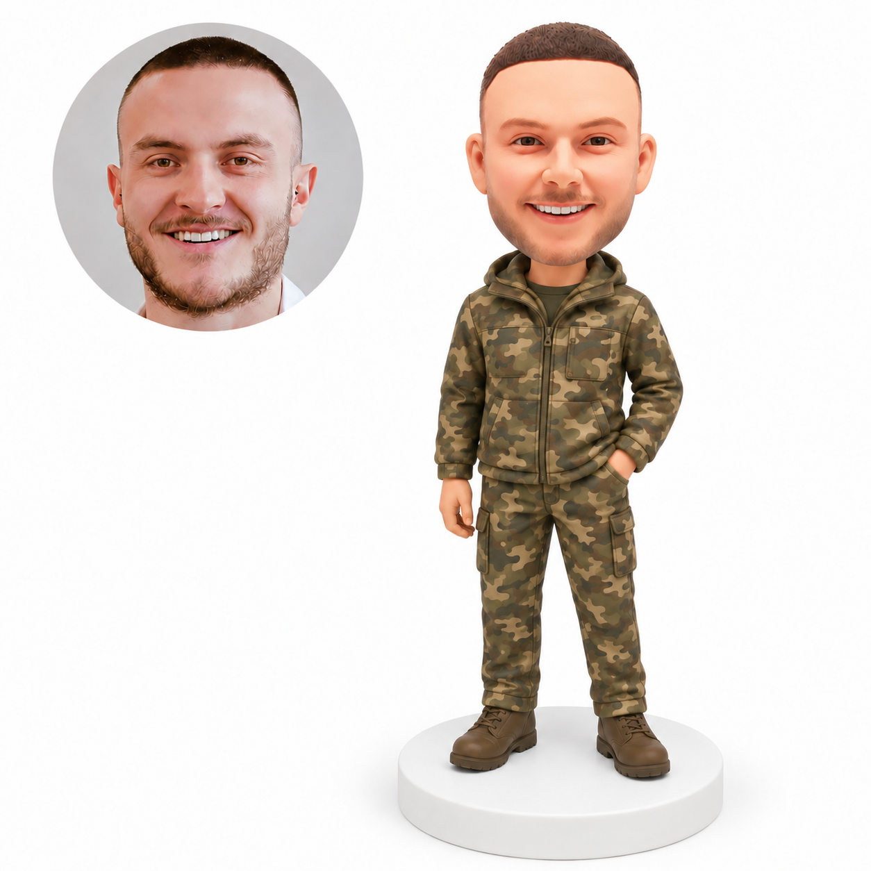 custom bobblehead figure man in a camouflage hooded jacket and cargo pants
