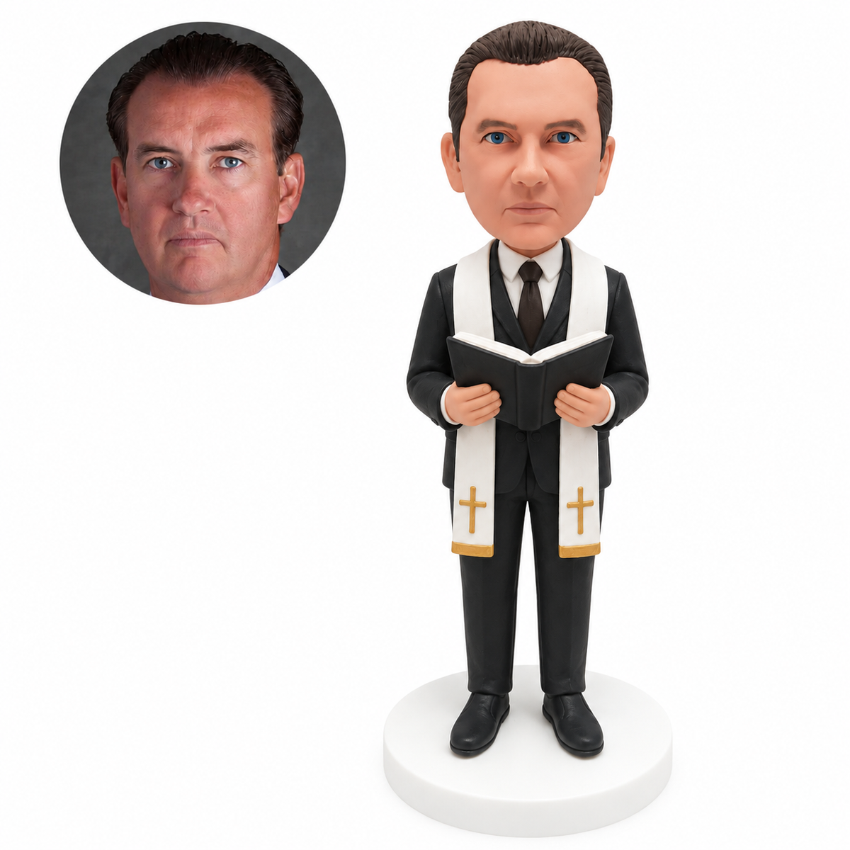 custom bobblehead figure priest in a suit and stole holding an open Bible