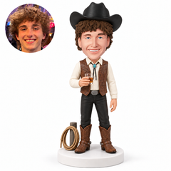 custom bobblehead figure cowboy in a vest holding a beer glass