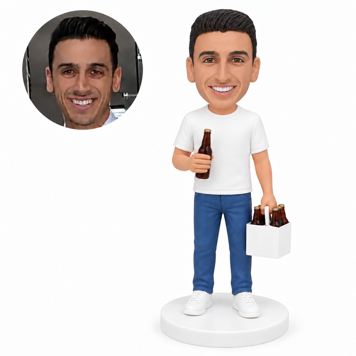 custom bobblehead figure man holding a beer bottle and bottle carton