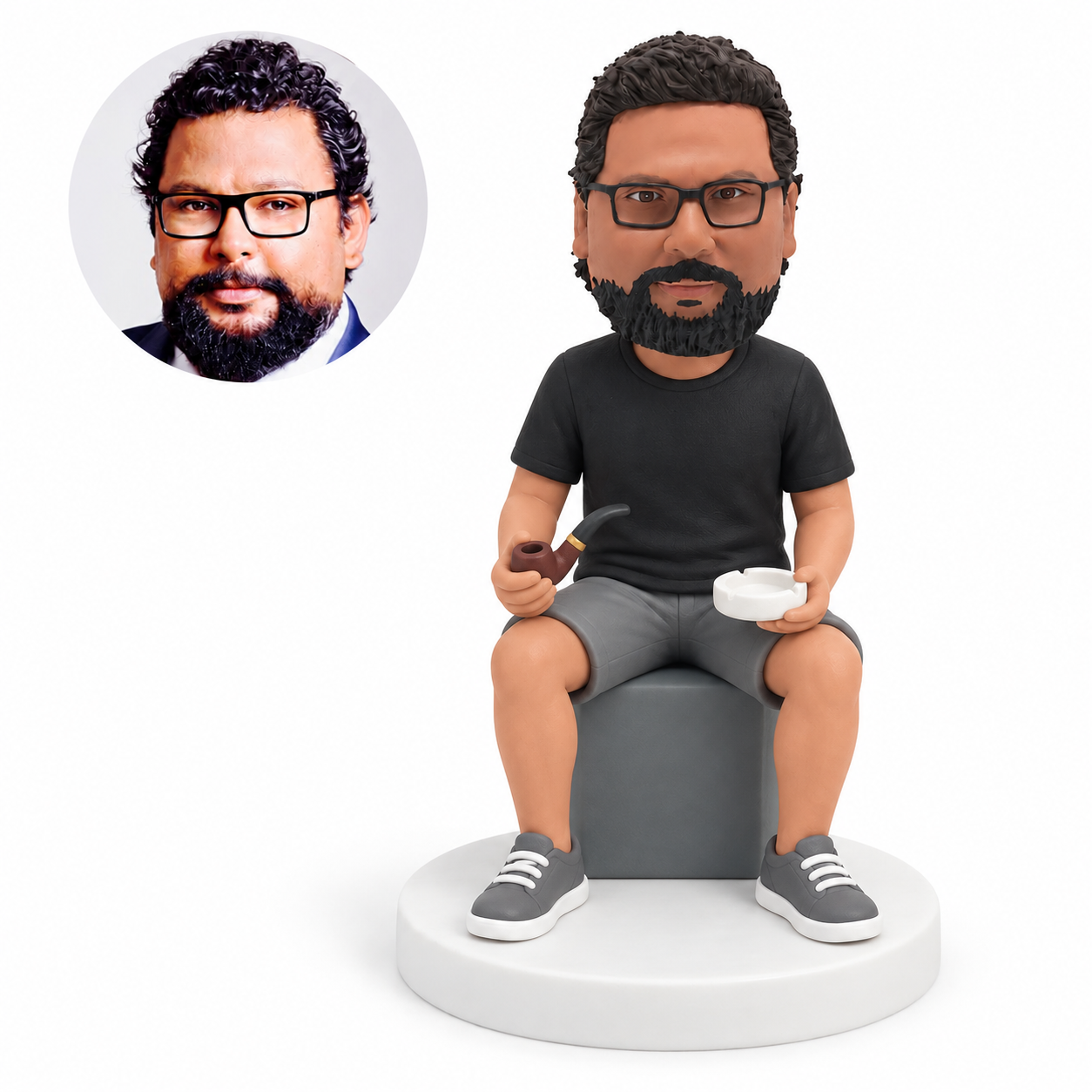 custom bobblehead figure seated man holding a pipe and ashtray