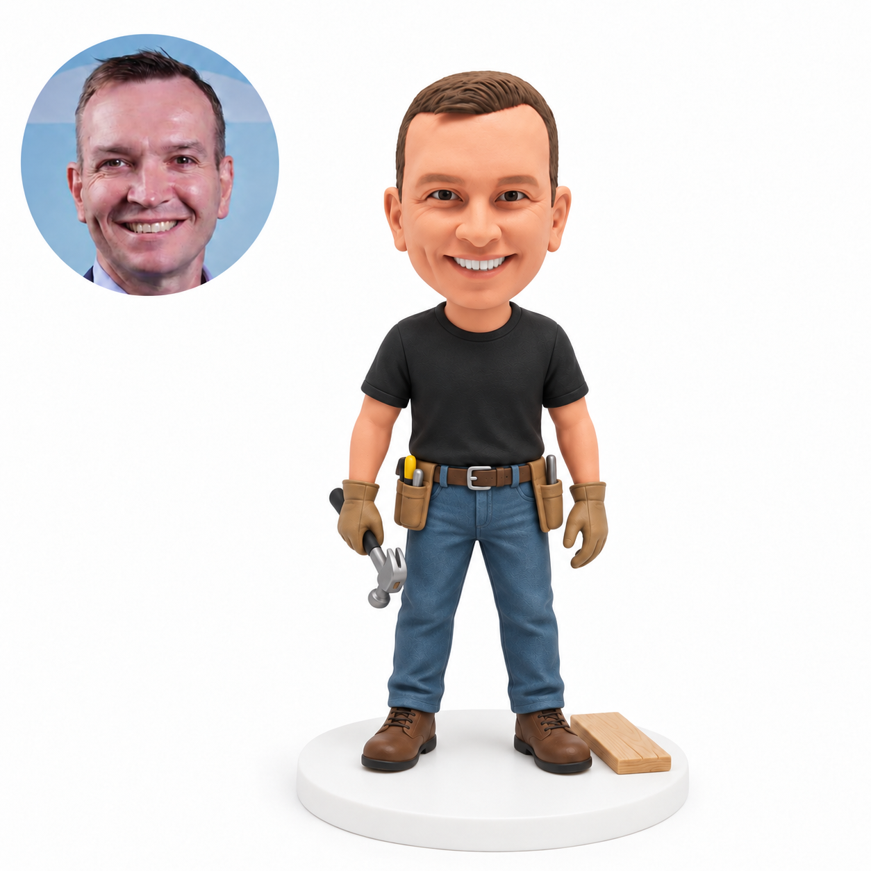 custom bobblehead figure repairman holding a hammer beside a wooden plank