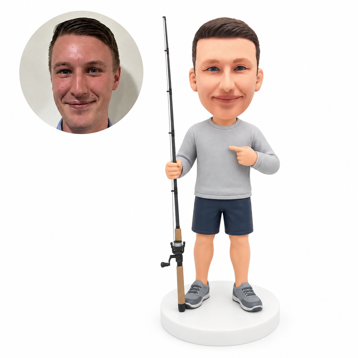 custom bobblehead figure fisherman holding a long rod and pointing to his shirt