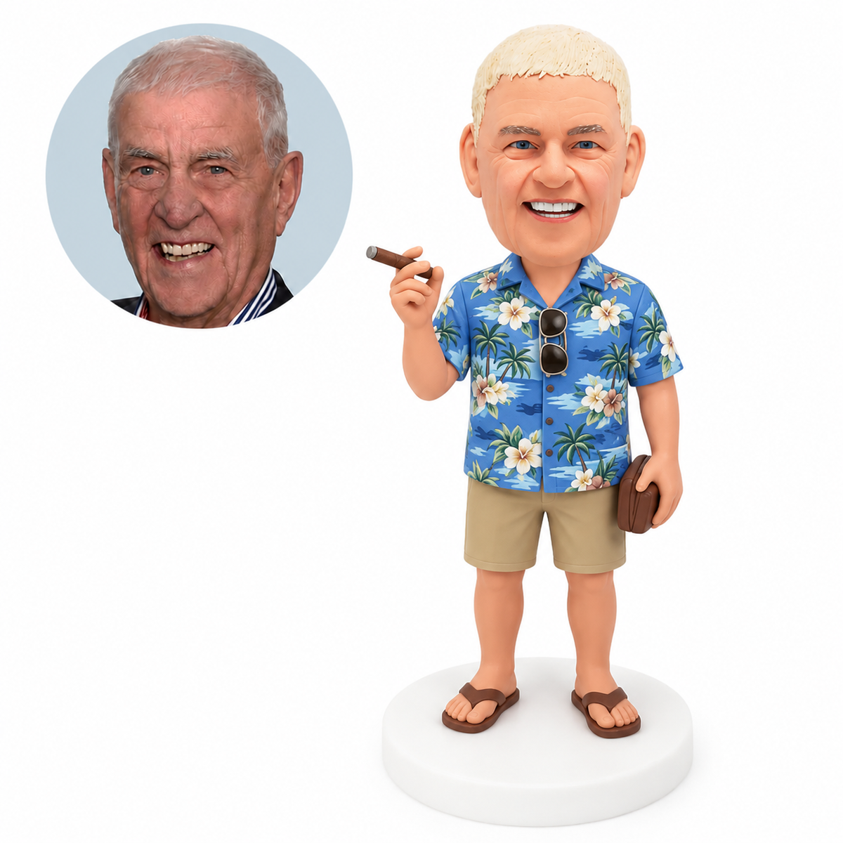 custom bobblehead figure man in a floral shirt holding a cigar and case