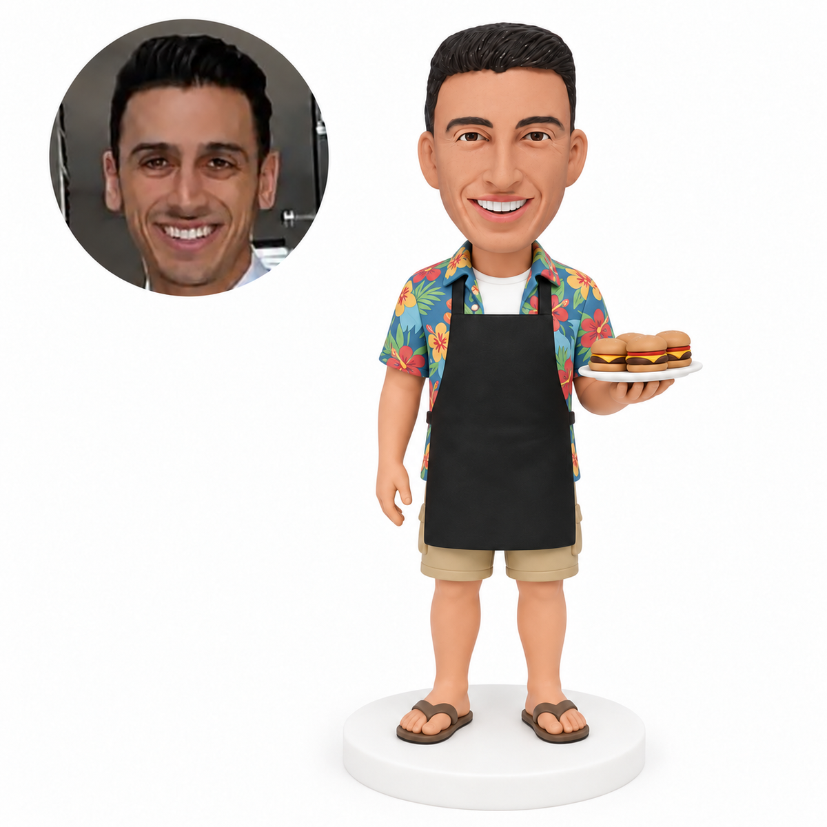 custom bobblehead figure man in an apron holding a burger platter