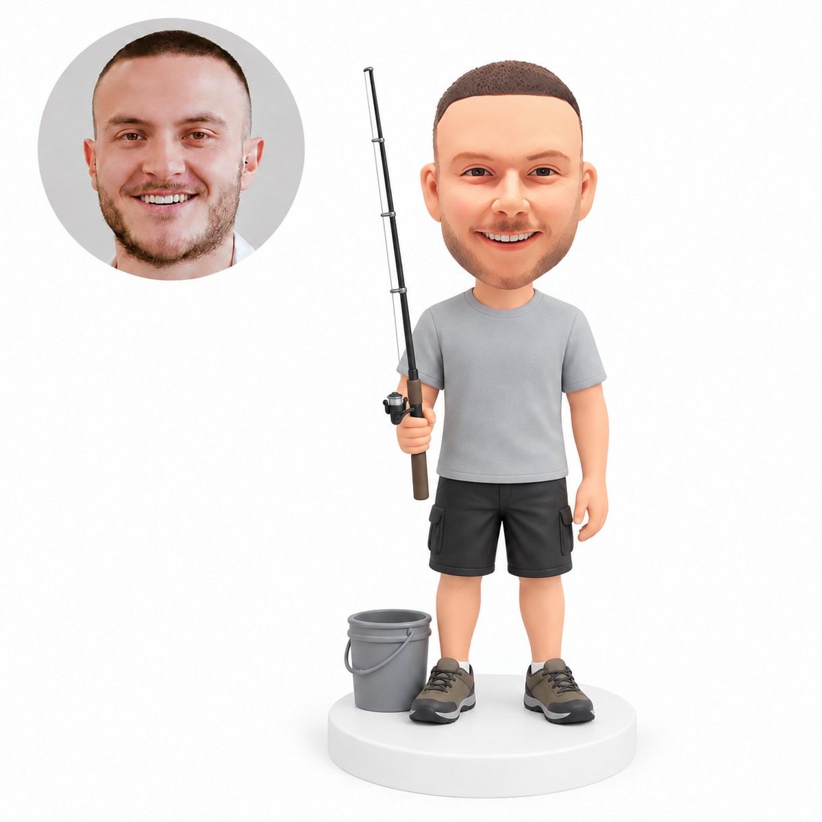 custom bobblehead figure fisherman holding a rod beside a bucket
