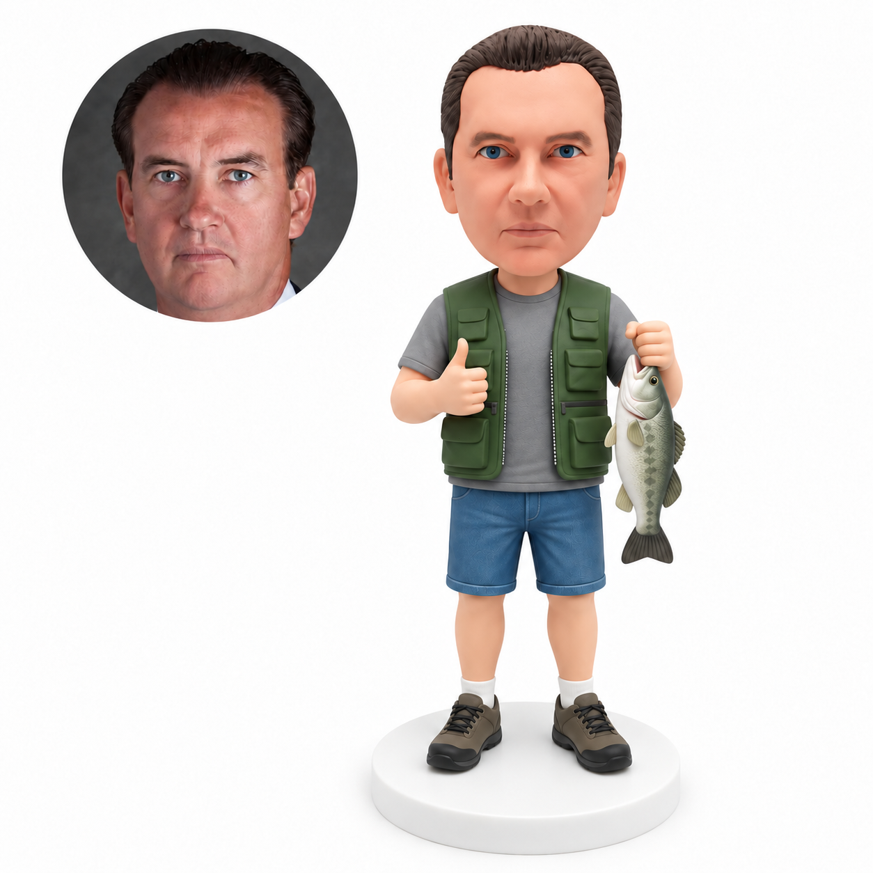 custom bobblehead figure fisherman holding a fish and giving a thumbs up