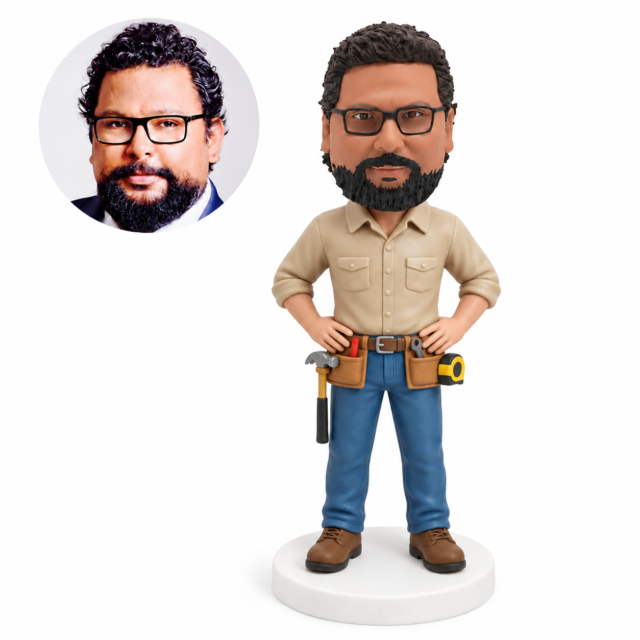 custom bobblehead figure repairman with both hands on a tool belt