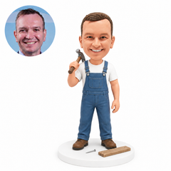 custom bobblehead figure carpenter with a hammer over his shoulder