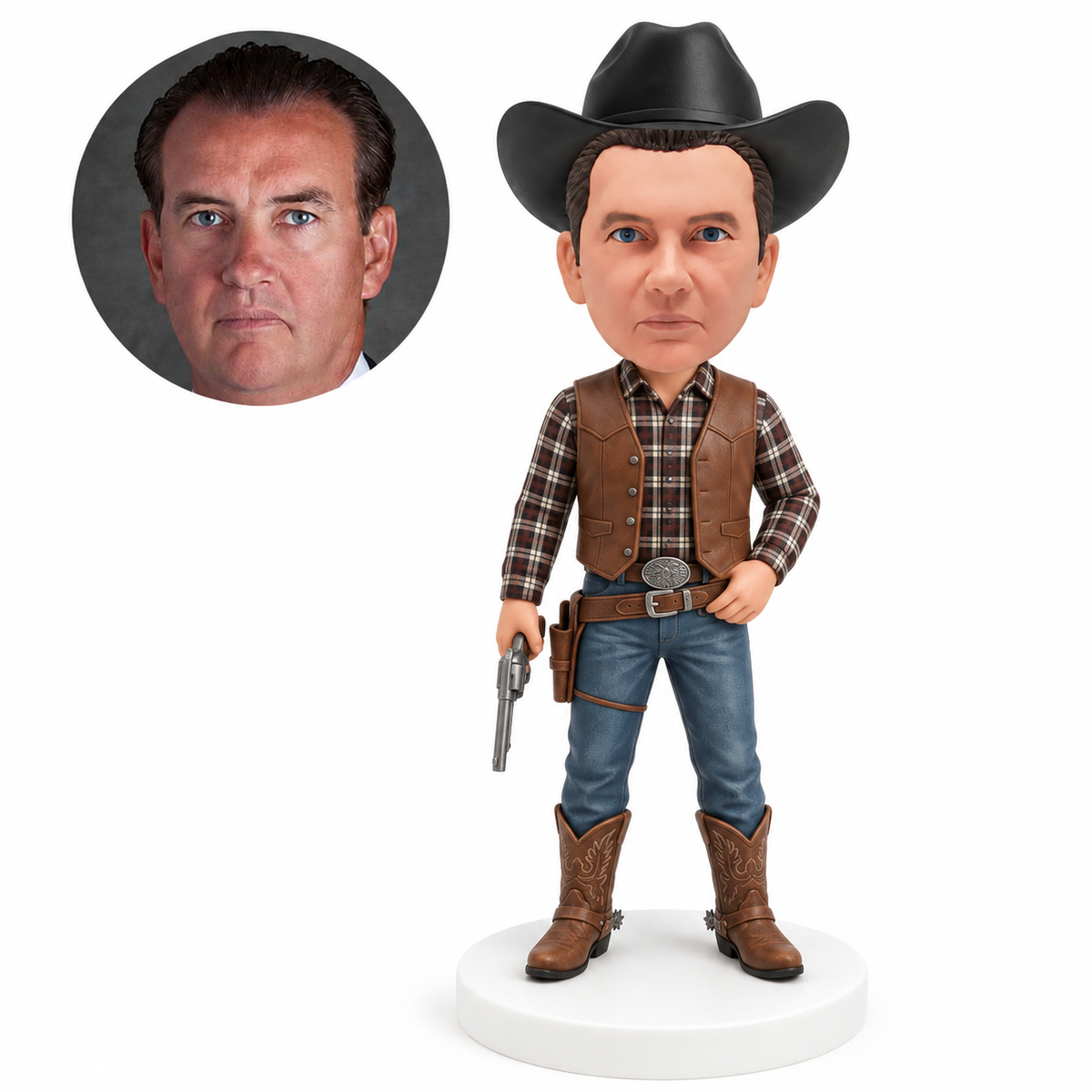 custom bobblehead figure cowboy in a vest holding a revolver at his side