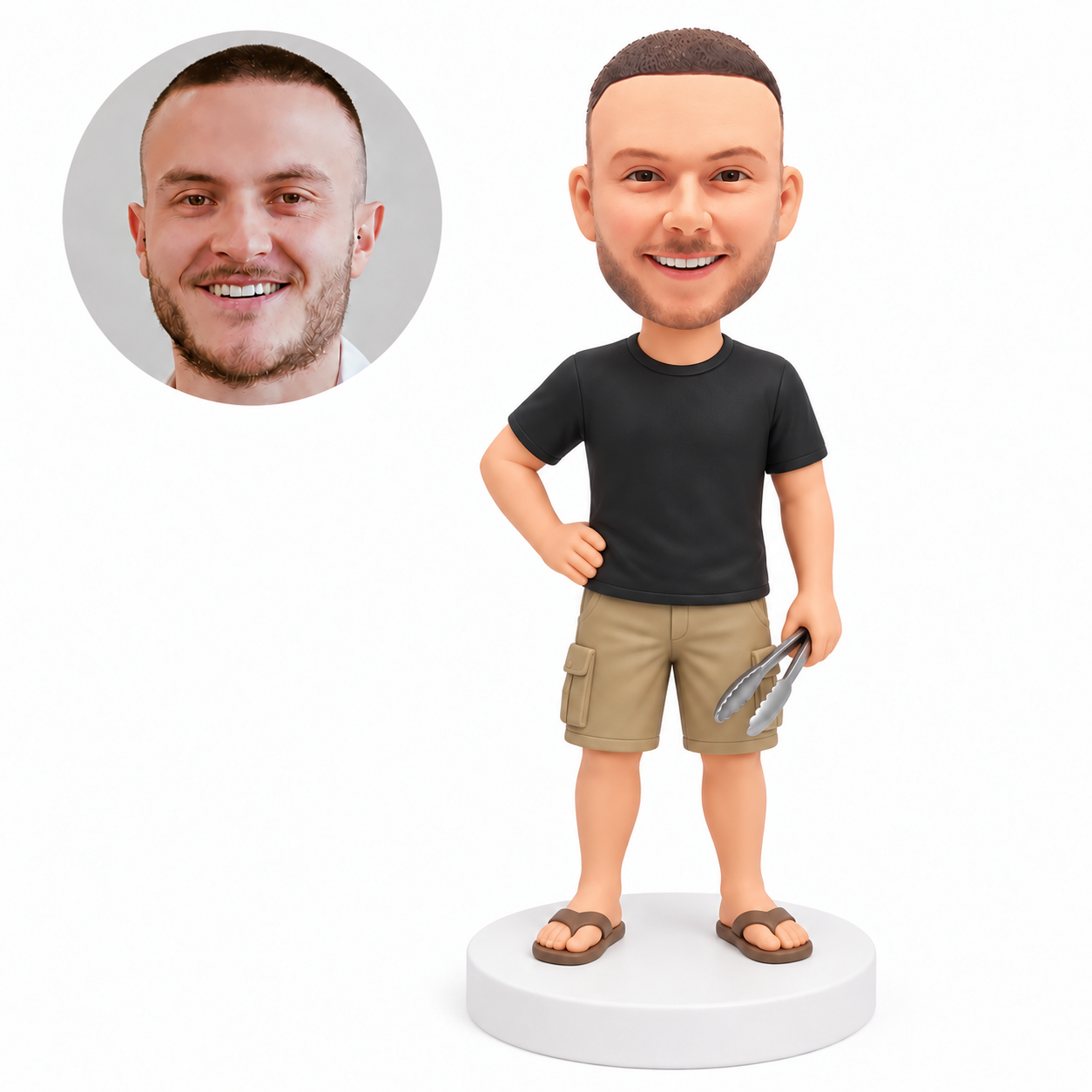 custom bobblehead figure man holding barbecue tongs with one hand on his hip