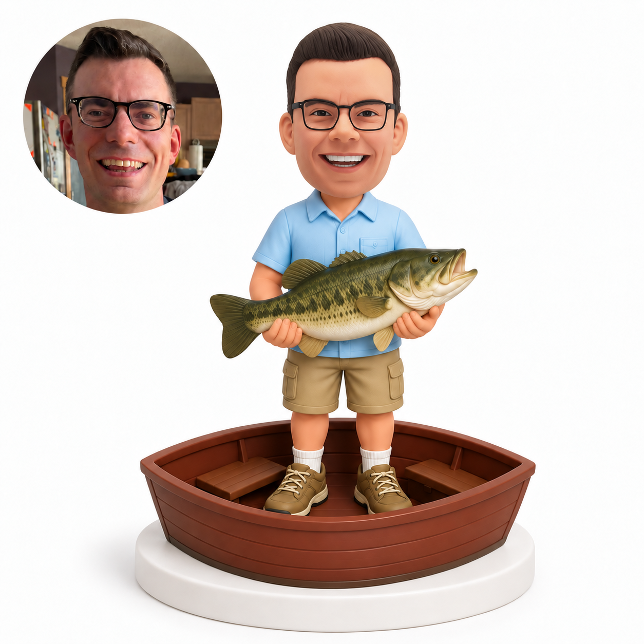 custom bobblehead figure fisherman in a short sleeve shirt holding a fish in a rowboat