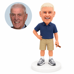 custom bobblehead figure man in a polo shirt holding a cigar at his side