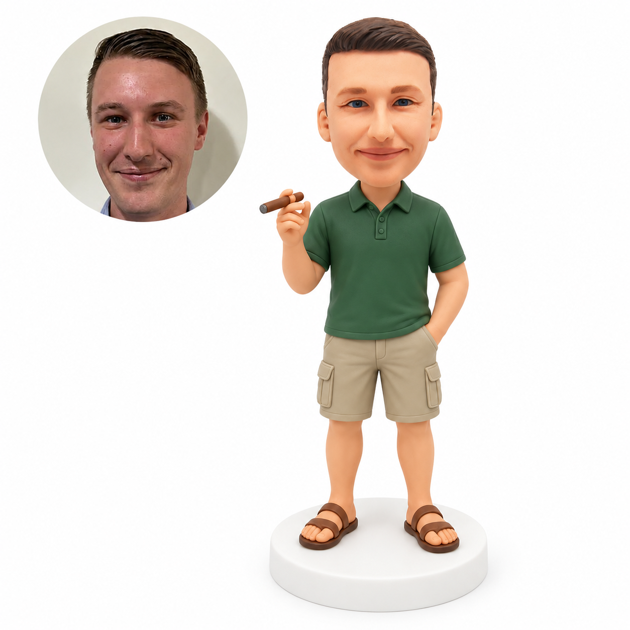 custom bobblehead figure man in a Polo shirt and cargo shorts holding a cigar