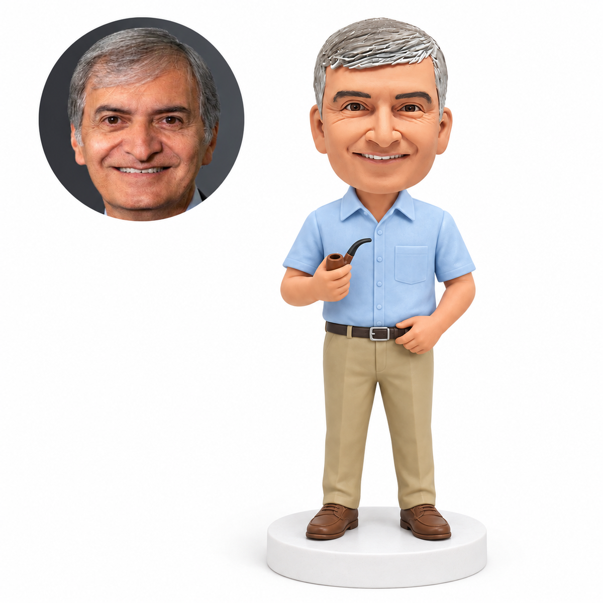 custom bobblehead figure man in a short sleeve shirt holding a smoking pipe