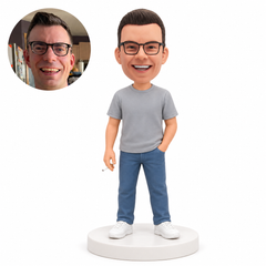 custom bobblehead figure man in a T-shirt and jeans holding a cigarette at his side