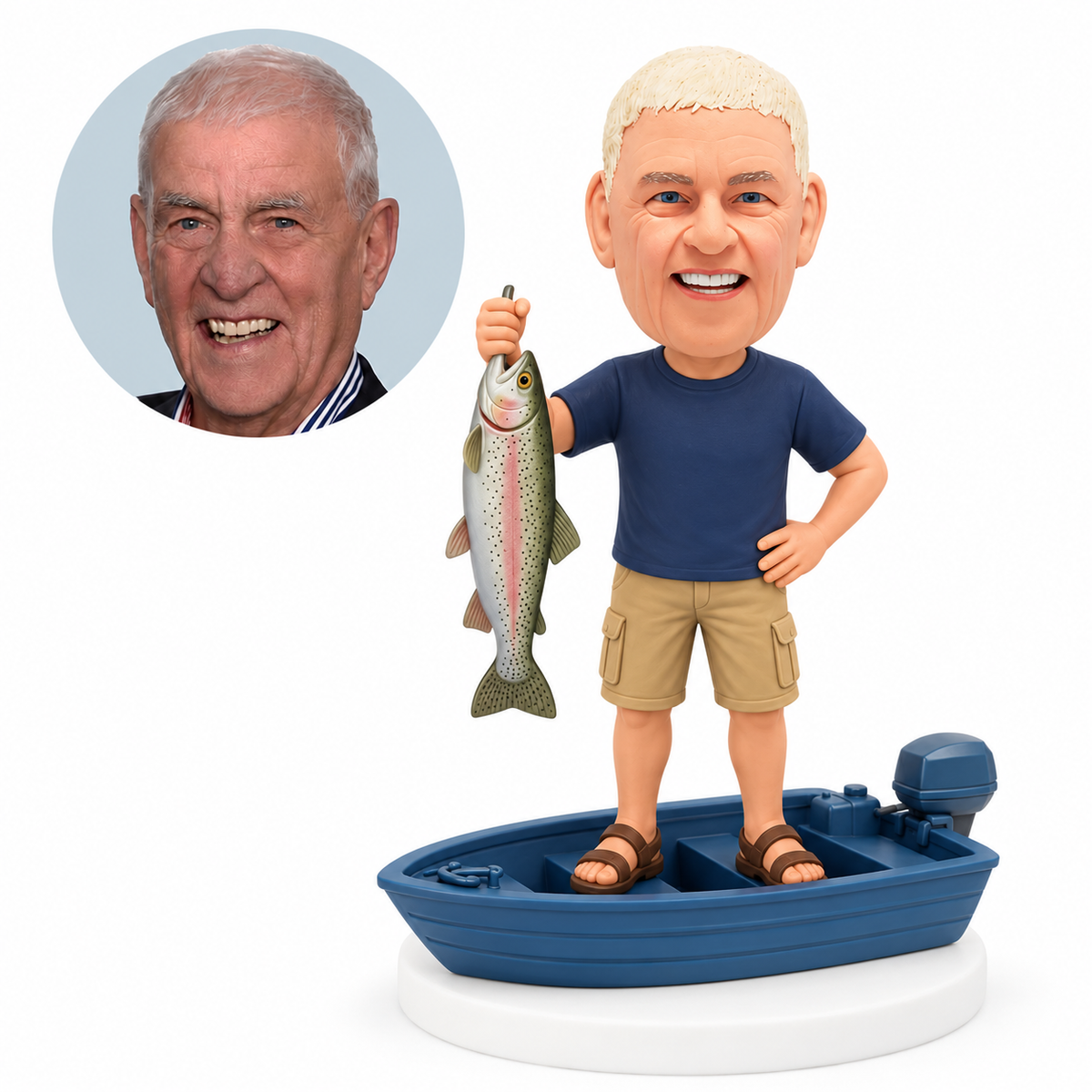custom bobblehead figure fisherman holding a fish while standing in a motorboat