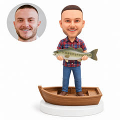custom bobblehead figure man in a plaid shirt holding a fish in a wooden rowboat