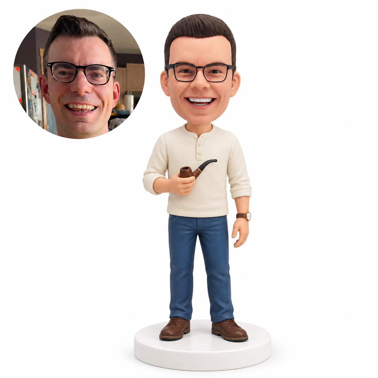 custom bobblehead figure man in a Henley shirt and jeans holding a pipe