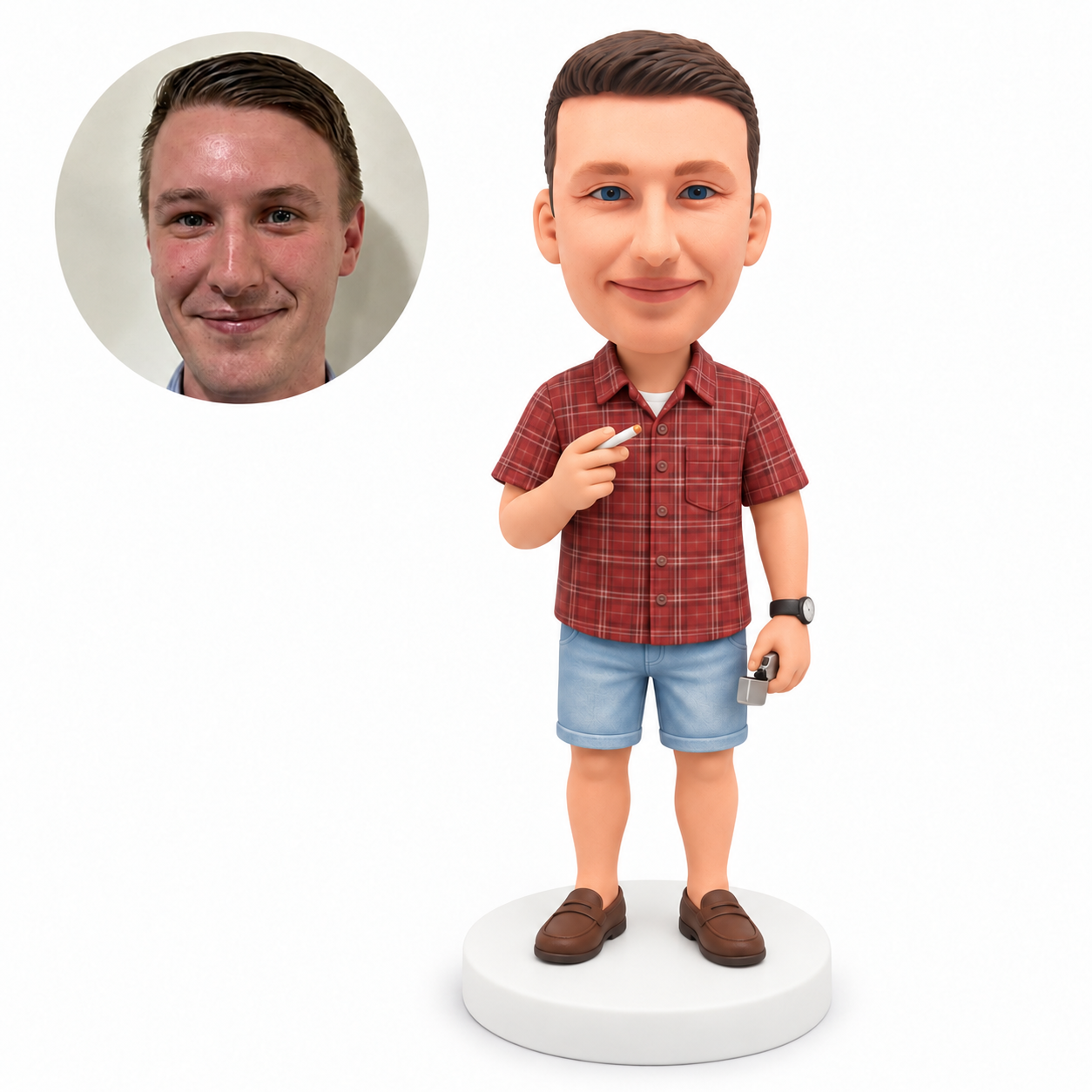 custom bobblehead figure man in a plaid shirt and denim shorts holding a cigarette and lighter