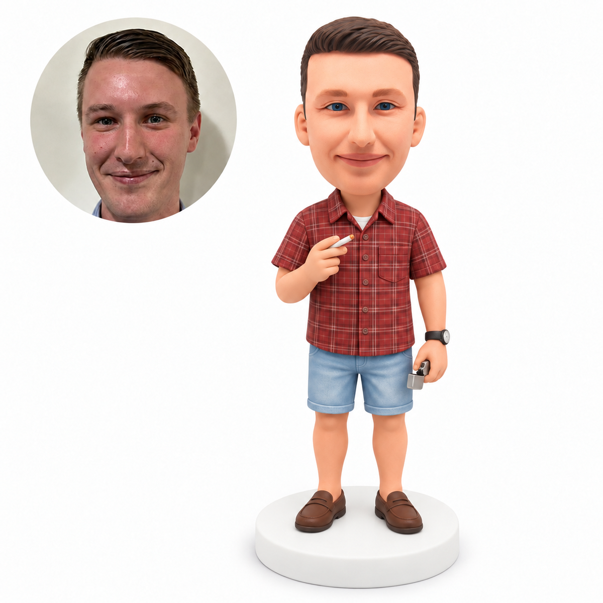 custom bobblehead figure man in a plaid shirt and denim shorts holding a cigarette and lighter
