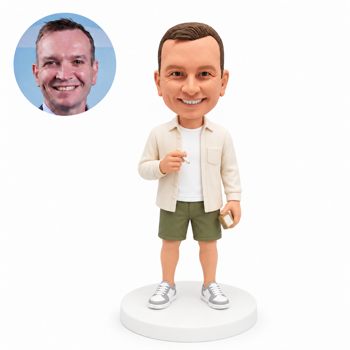 custom bobblehead figure man in an open shirt holding a cigarette and cigarette pack